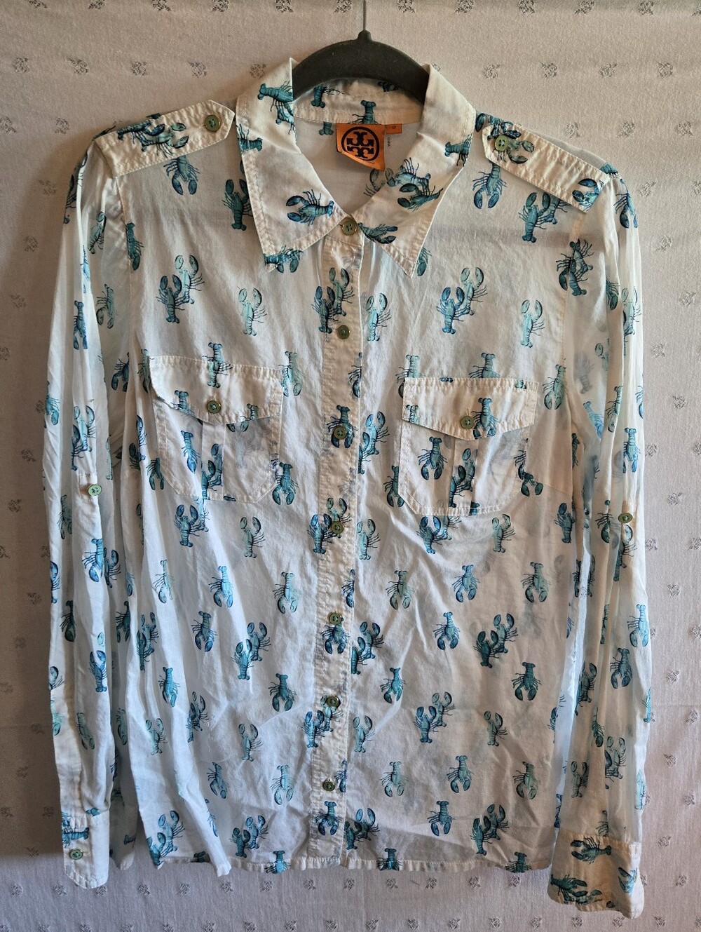 Tory Burch White Button-Up Shirt with Teal Lobster Print 100% Cotton Size 12